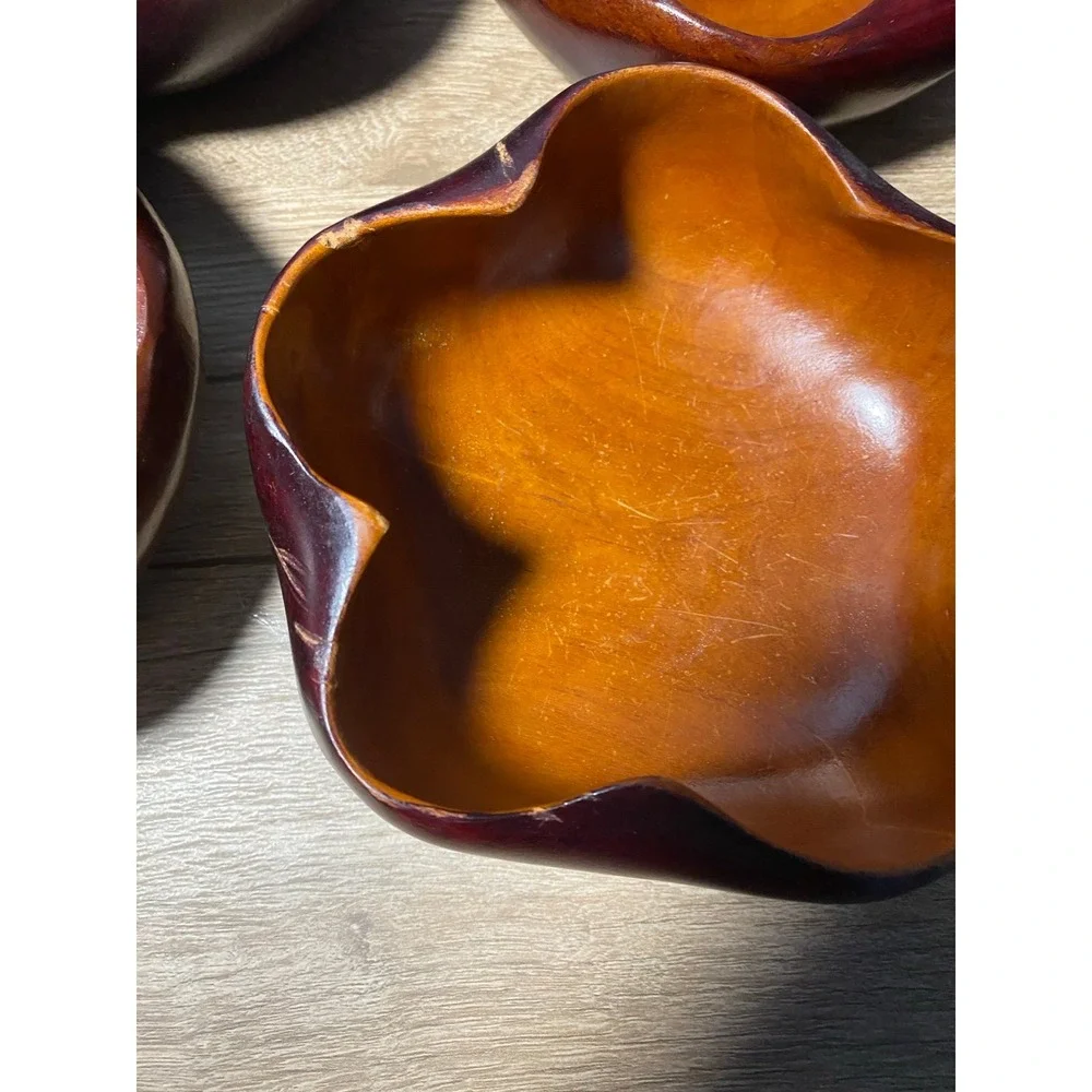 10pcs VTG 60s MCM Tiki Hawaiian Serving‎ Bowl Set Wood Flower Shape Utensils
